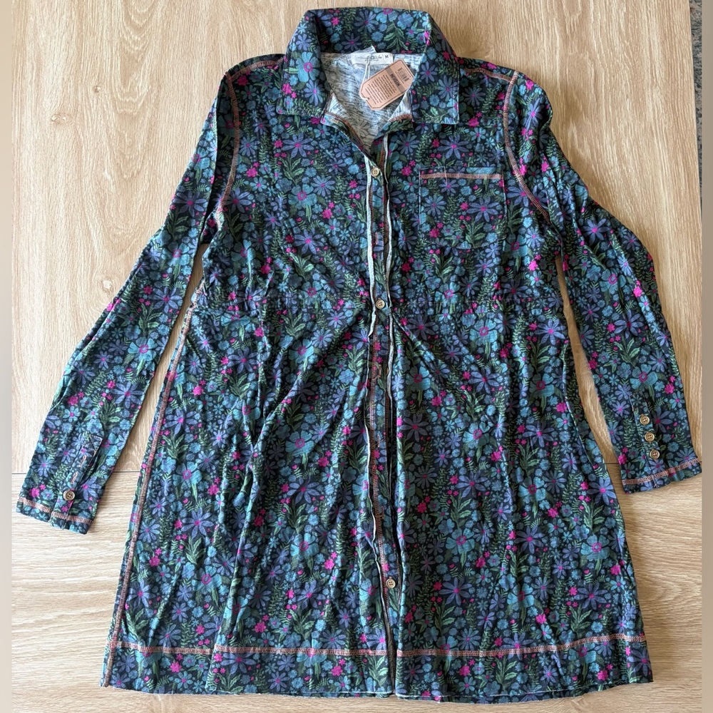Natural Life Floral Button Front Long Sleeve Dress NWT Boho Blue/Green- Size M